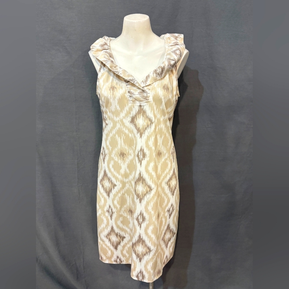 Gretchen Scott Designs Tan and Cream Cowl Neck Sheath Dress